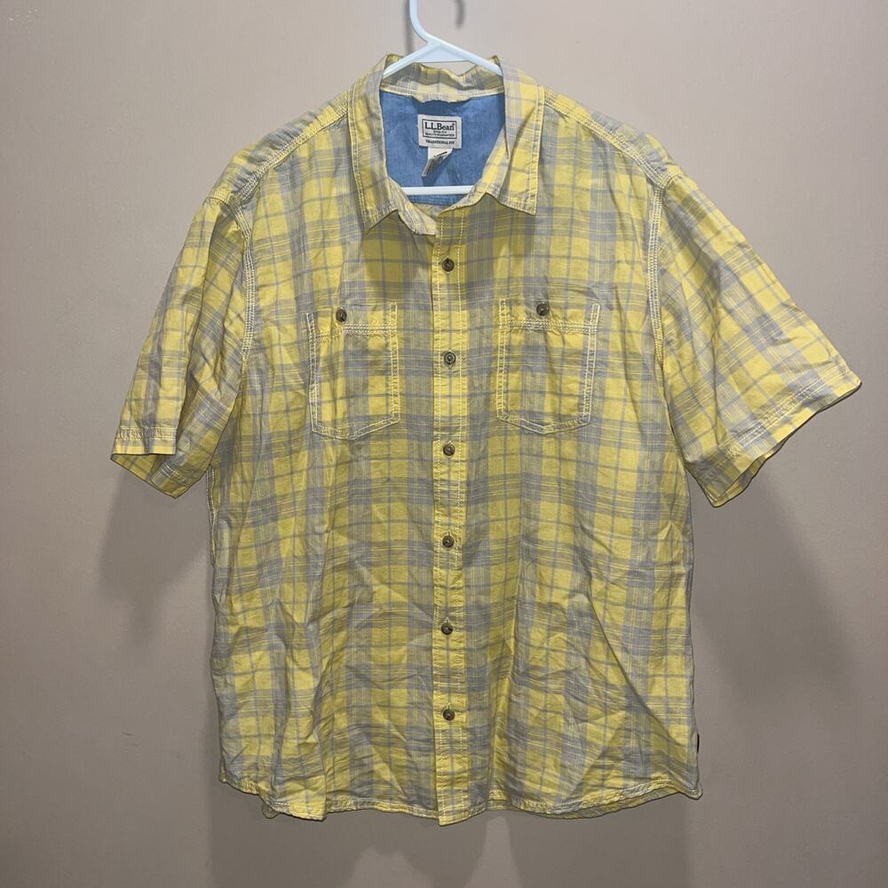 LL Bean Shirt Men's XXL Button Up Yellow Plaid Short Sleeve Linen Cotton Preppy